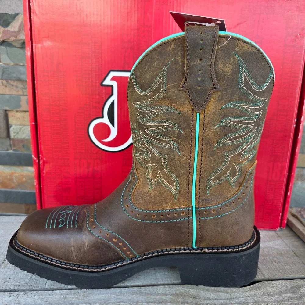 Justin Mandra Chocolate Water Buffalo Wide Square Toe Boots Size 6.5 B GY9624 - Picture 13 of 16